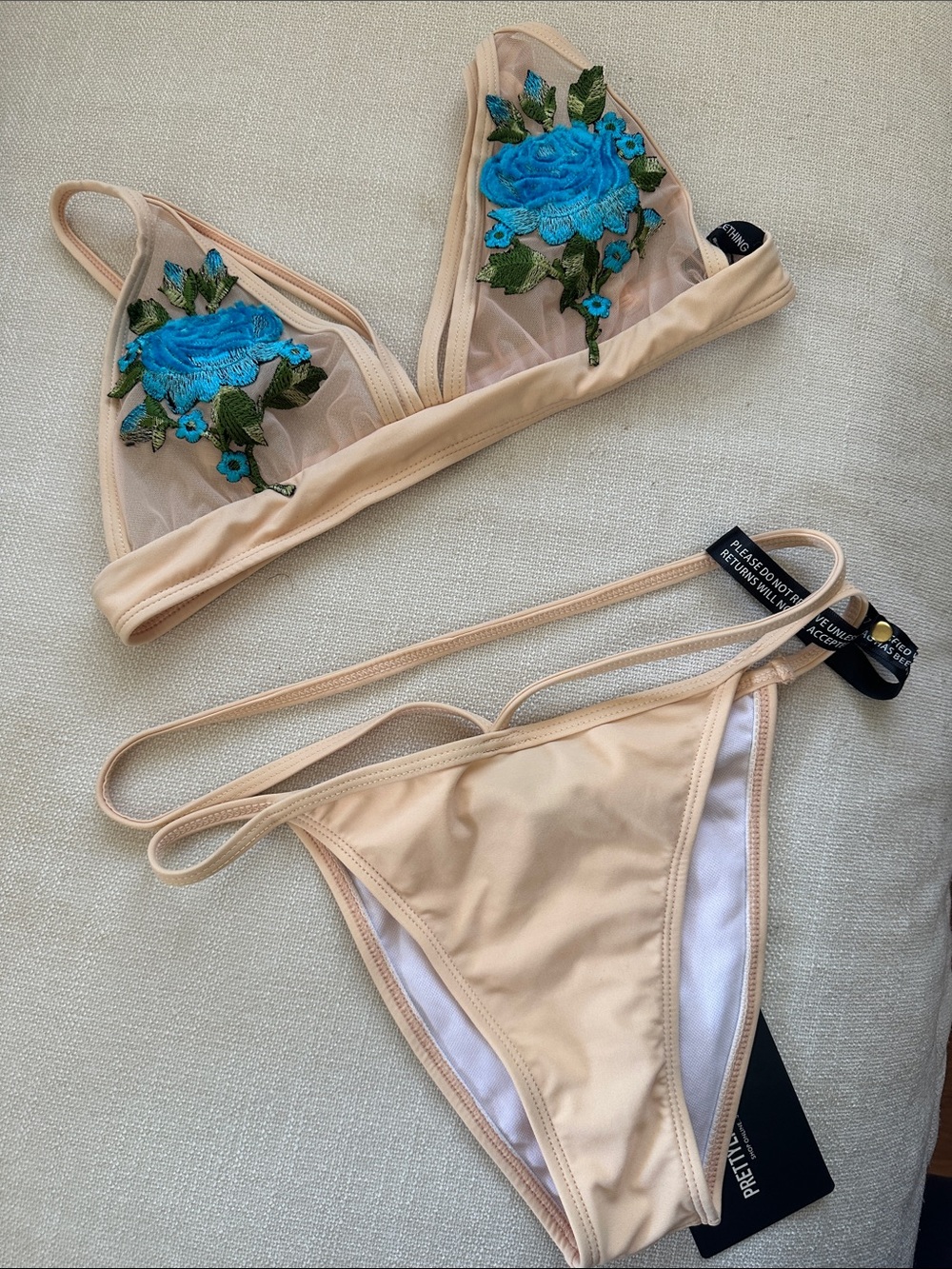 PrettyLittleThing Beige Mesh Bikini with Bright Blue Floral Appliqué